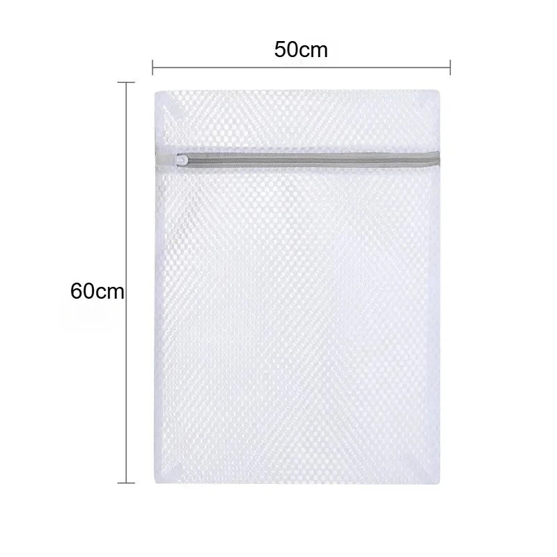 A white reusable honeycomb mesh laundry bag with a silver zipper, shown flat.
