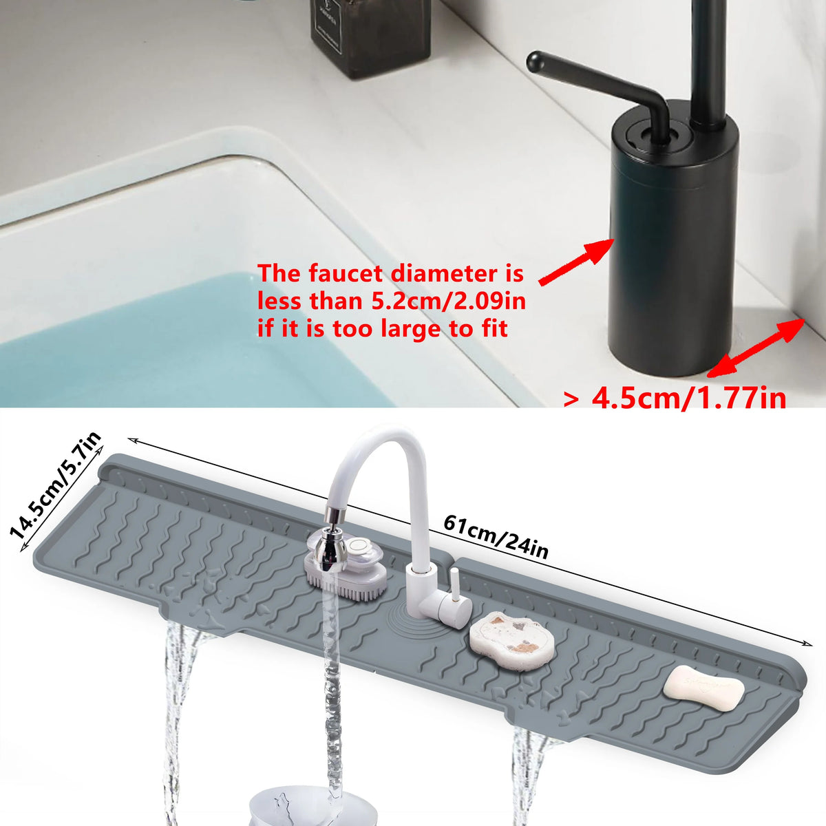 A silicone kitchen sink splash guard mat is shown with water flowing over it, demonstrating its use for preventing splashes.