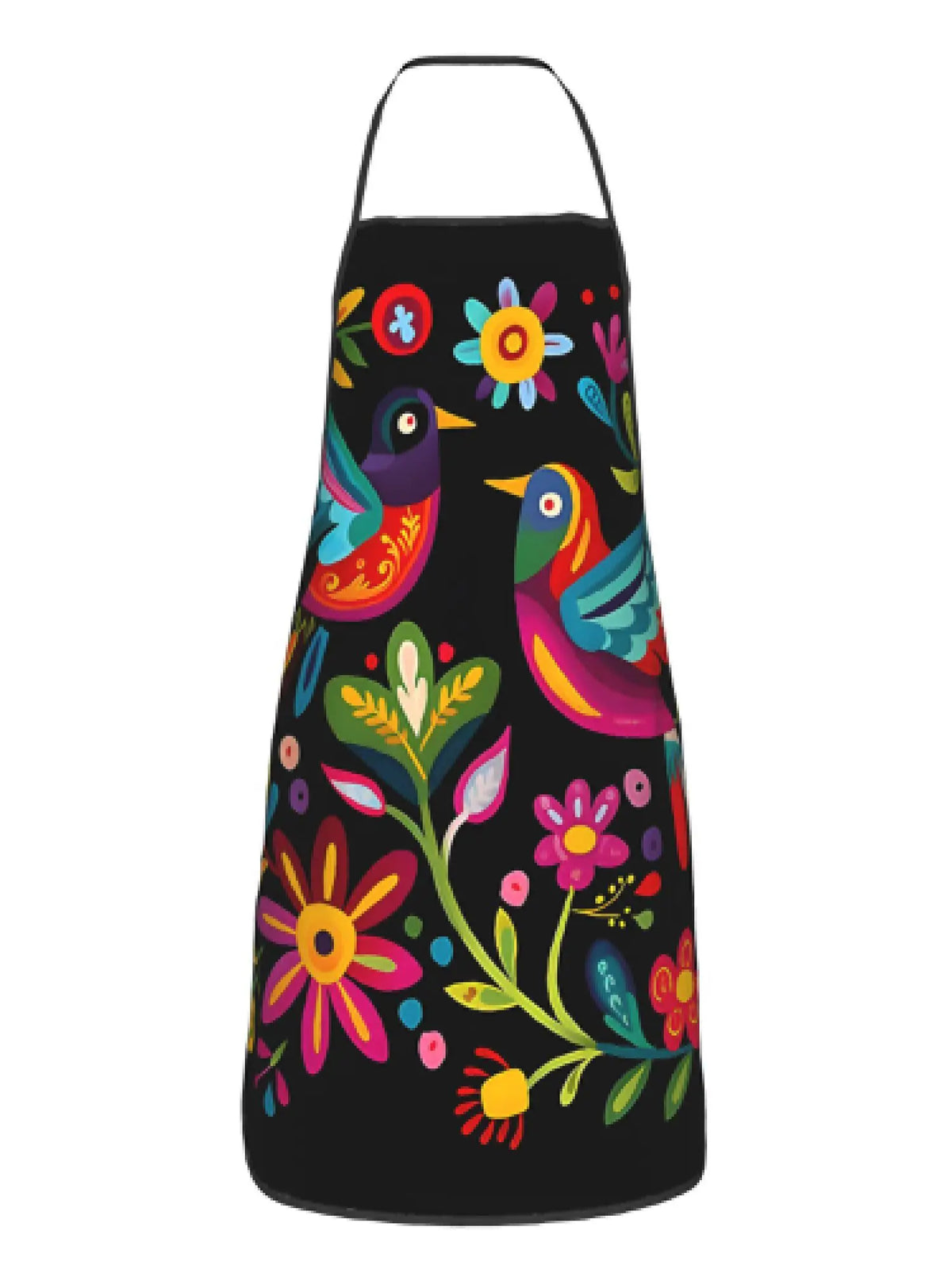 Schwarze Schürze mit bunten Blumen und Vögeln.