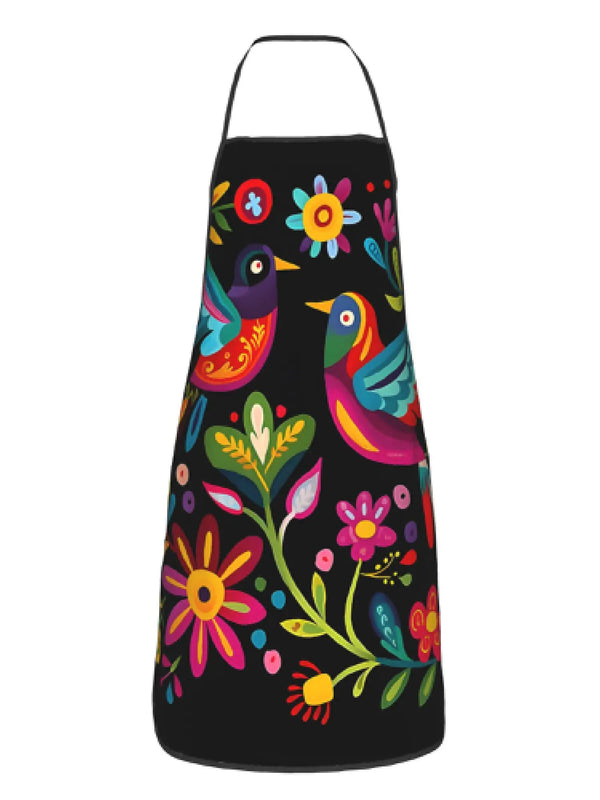 A black apron decorated with colorful flowers and birds.