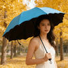 A woman holding a black umbrella in a park with yellow autumn leaves.