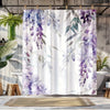 A white shower curtain featuring purple and blue floral butterfly designs with green leaves and branches.