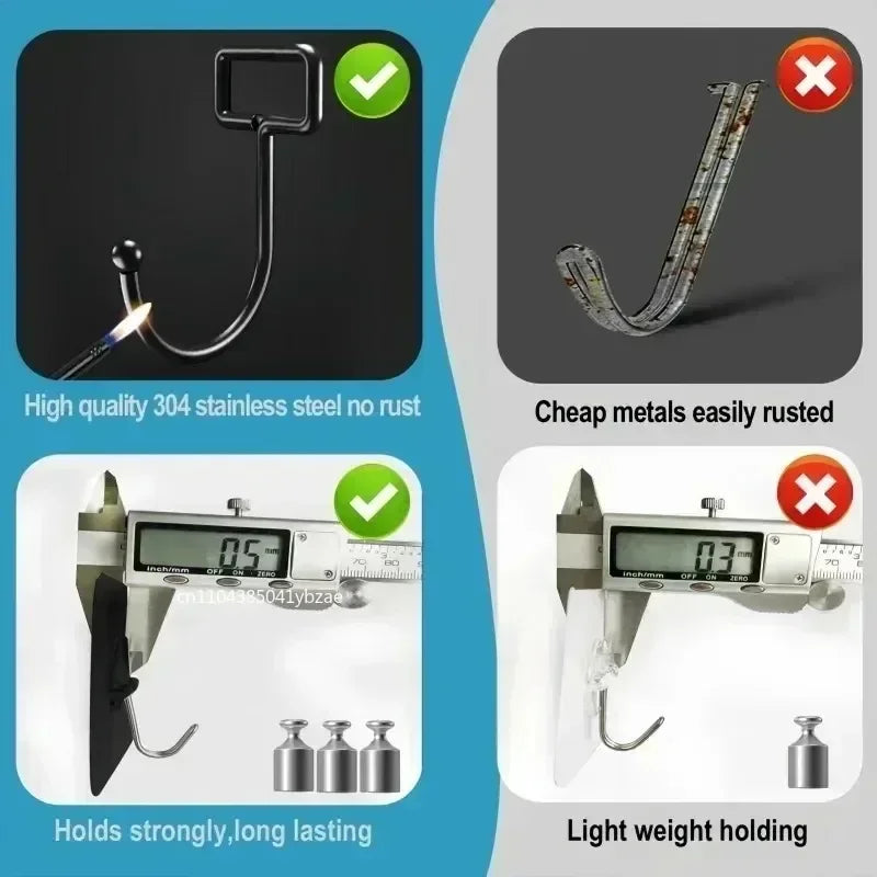 Image showing self-adhesive rotating wall hooks and storage hooks with various features like rust resistance and strong holdi
