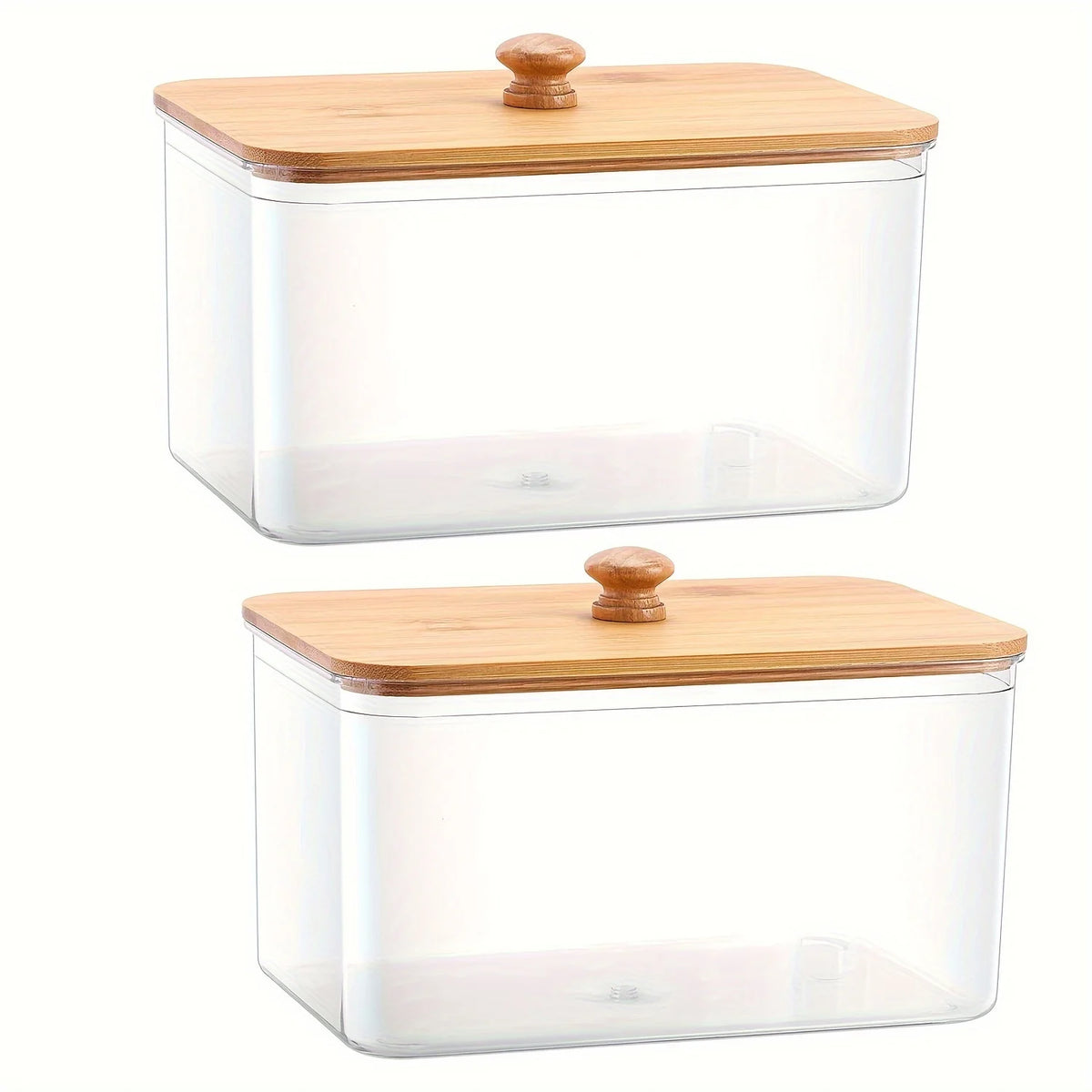 A clear glass container with a bamboo lid used for storing dryer sheets.