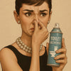 A woman holds a bottle of toilet freshener with a distressed expression.