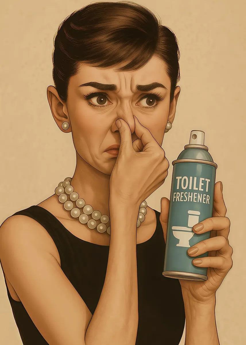 A woman holds a bottle of toilet freshener with a distressed expression.
