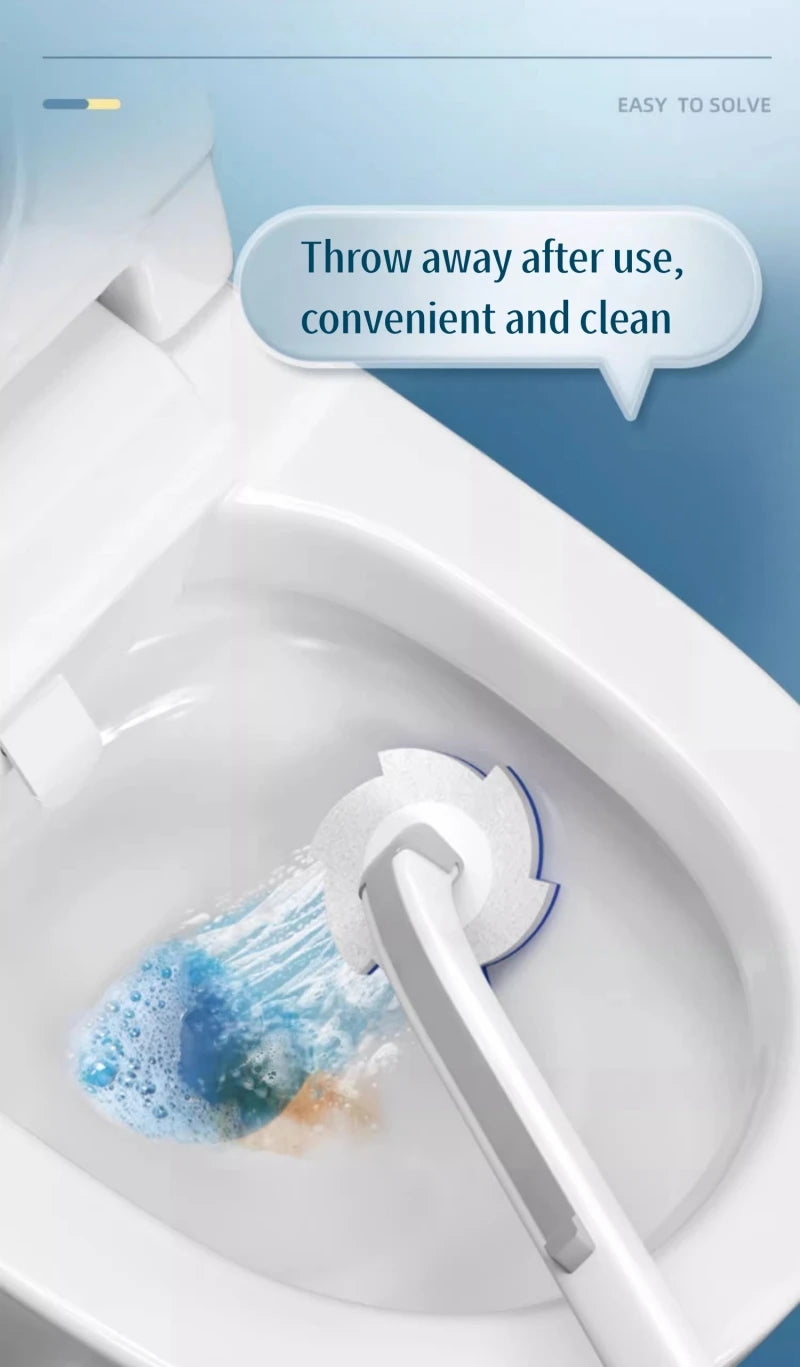 A reusable toilet cleaning brush kit is shown being used inside a white toilet bowl.