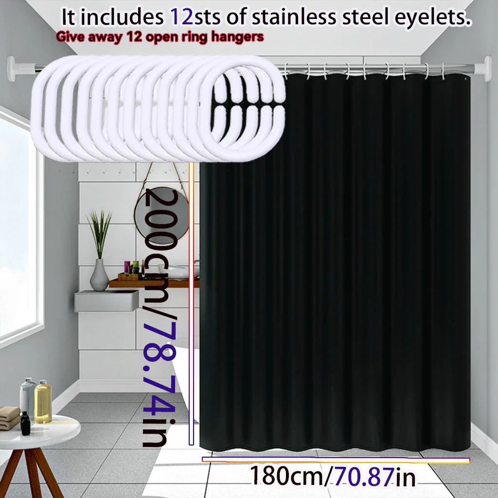 Pure black decorative shower curtain hanging on a rod with stainless steel eyelets.