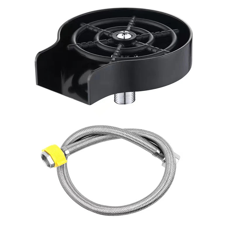 Black high-pressure faucet glass rinser for bars and kitchens with a silver flexible hose
