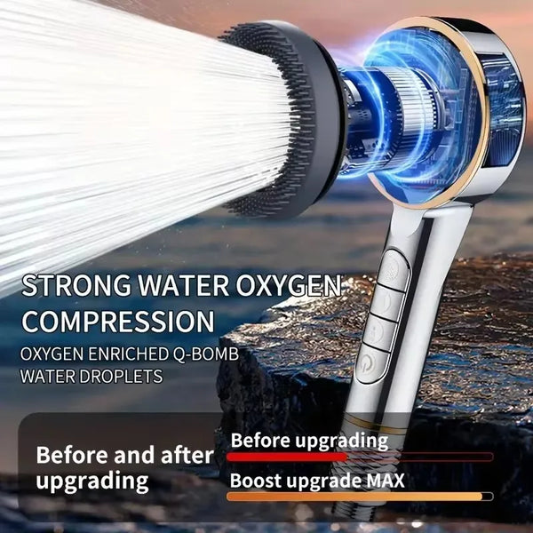 A silver shower head is shown emitting a strong stream of water droplets, demonstrating water oxygen compression technology.