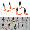 Un juego de ganchos metálicos para pared resistentes en negro y naranja, con diversas formas y tamaños de ganchos.