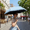 A person holding a blue and white lace umbrella with a golden curved handle on a cobblestone street.