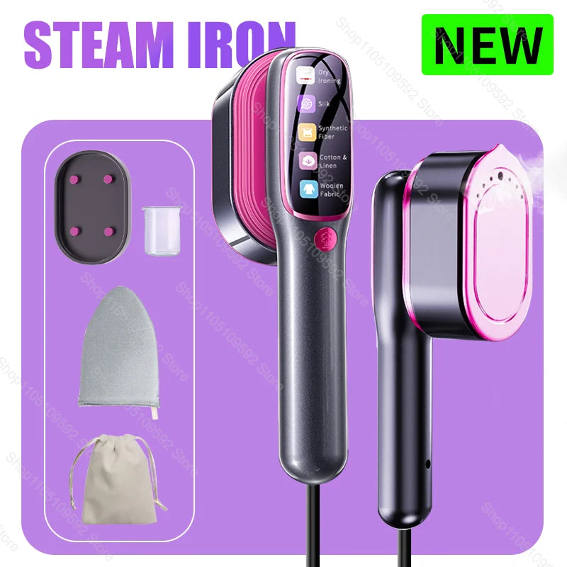 A black handheld garment steamer iron with a pink handle and various attachments shown on a purple background.
