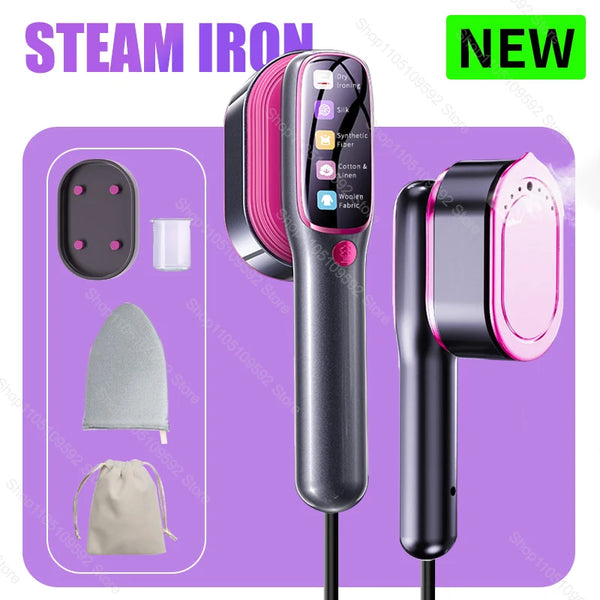 A black handheld garment steamer iron with a pink handle and various attachments shown on a purple background.