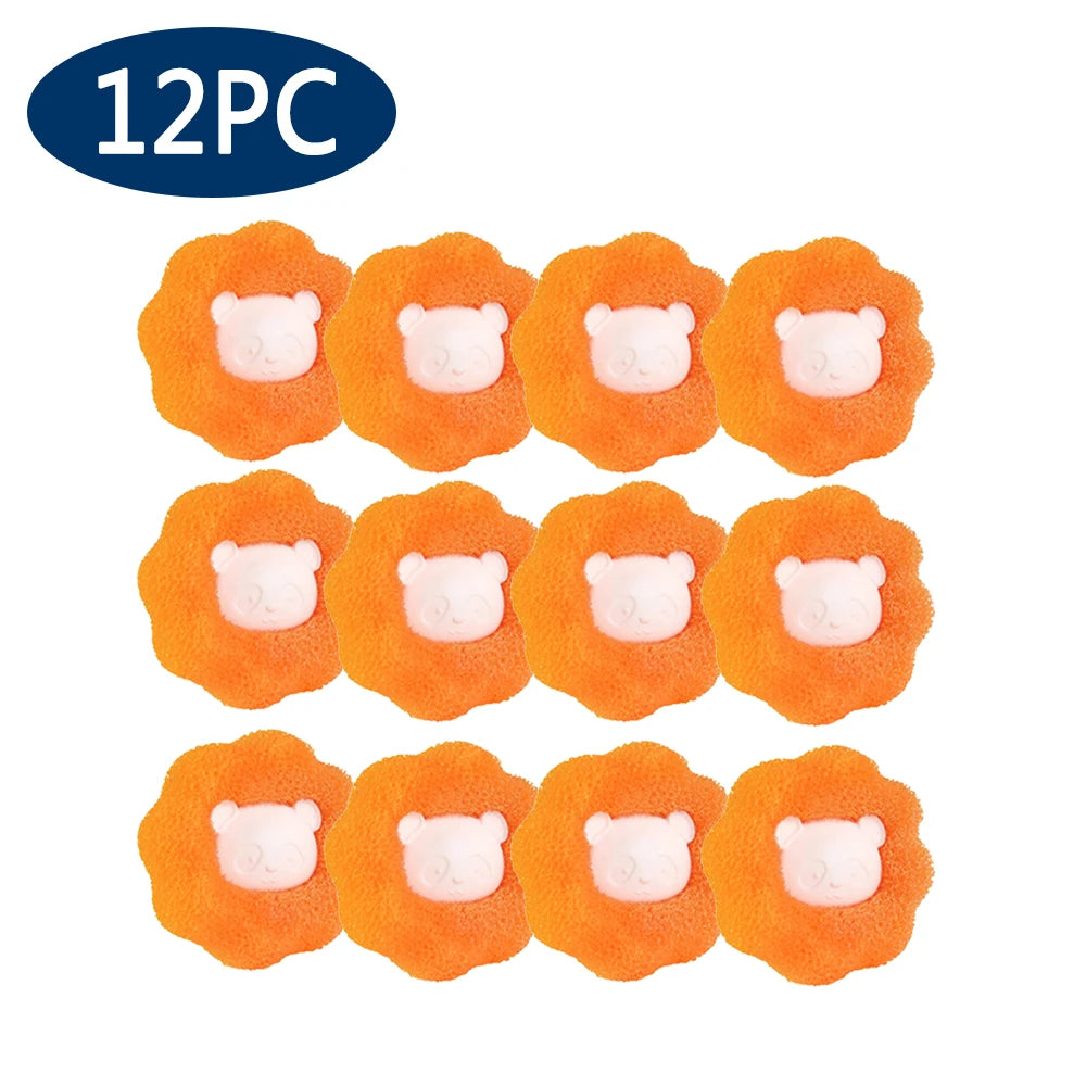 A set of twelve reusable orange lint and hair remover balls for laundry