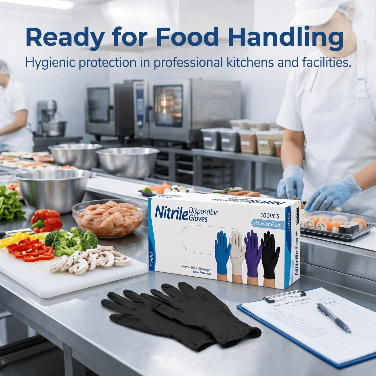 A box of disposable nitrile gloves is displayed on a stainless steel counter in a professional kitchen setting.