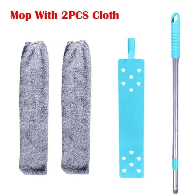 A grey mop with two pieces of cloth and a telescopic handle for cleaning hard-to-reach areas.
