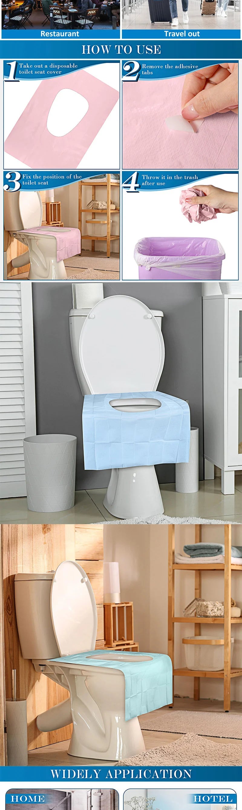 Disposable oversized toilet seat covers used for training, shown in various application contexts.