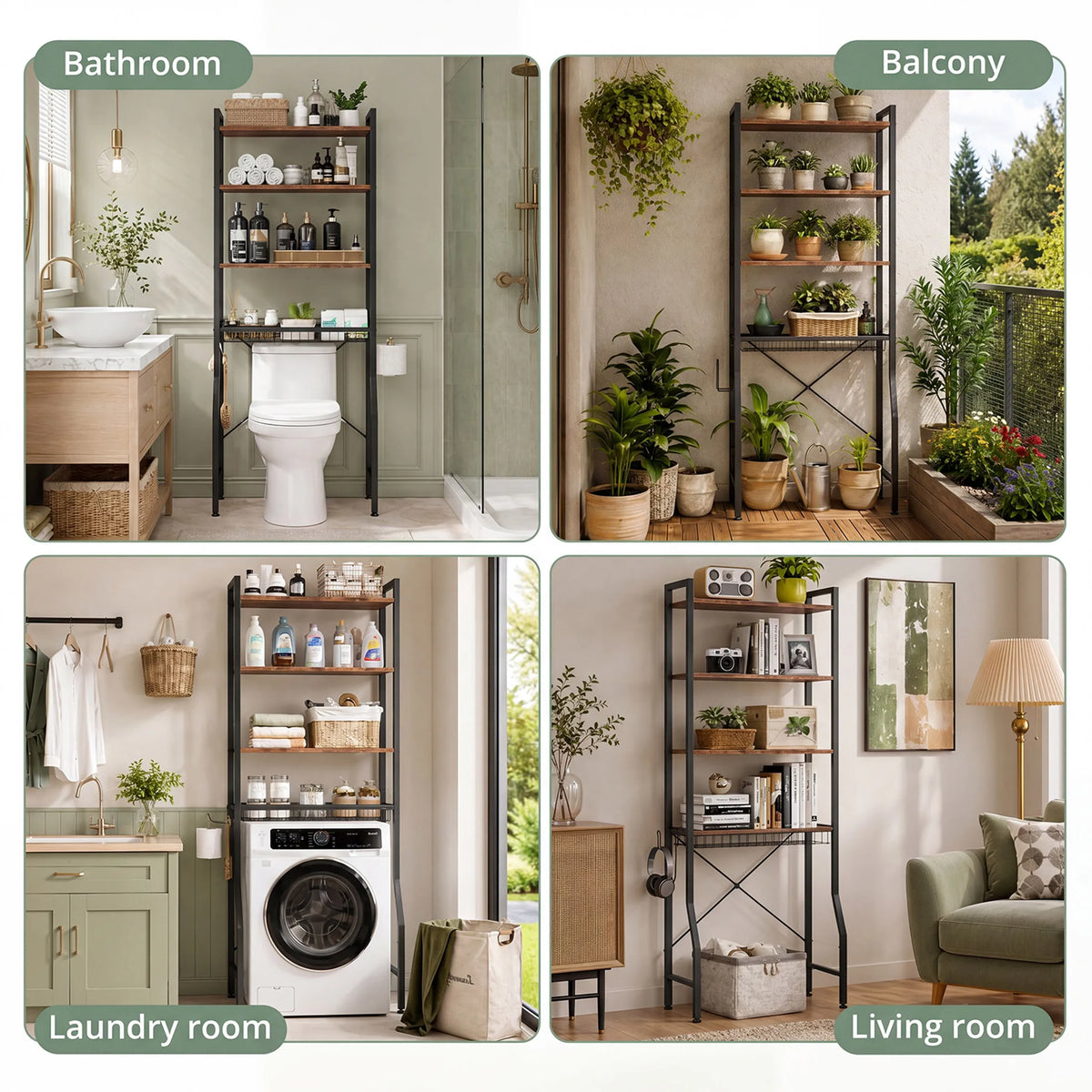 A collection of storage shelves and organizers used in a bathroom, laundry room, balcony, and living room.