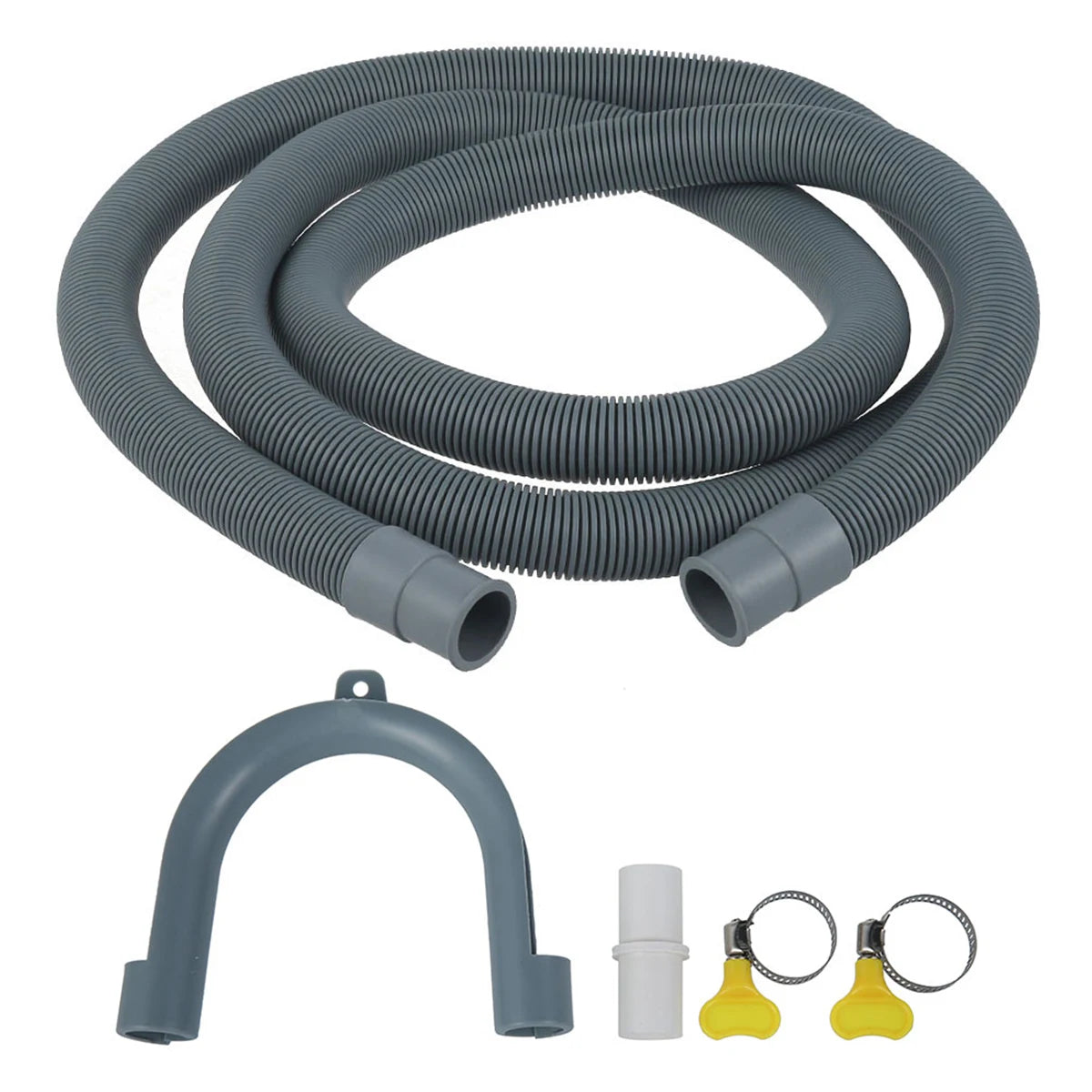 A gray washing machine drain hose extension kit including a flexible hose and an L-shaped connector.