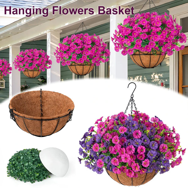 A hanging basket of vibrant pink and purple artificial morning glory flowers displayed outdoors.