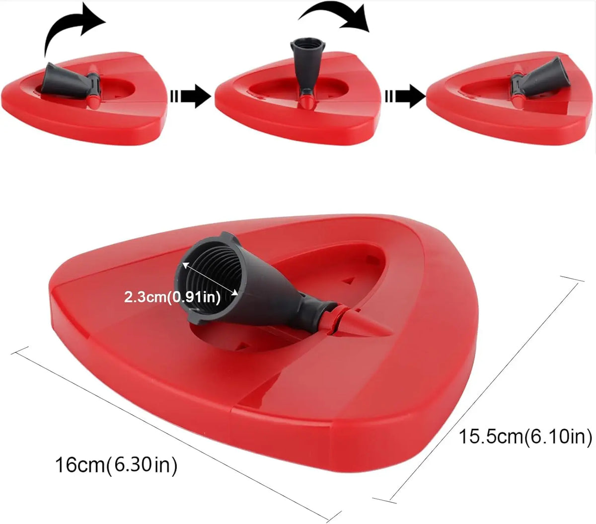 A red microfiber spin mop refill head shown in three stages of use and a full product view.