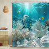 Underwater shower curtain featuring a vibrant sea life design with seahorses and coral reefs.