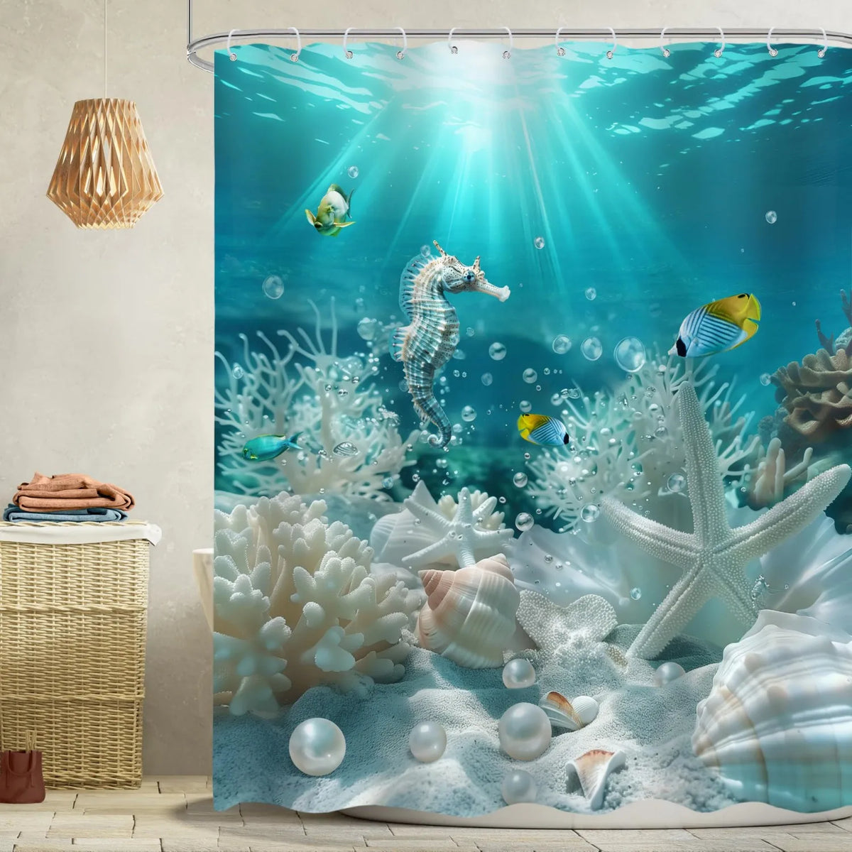 Underwater shower curtain featuring a vibrant sea life design with seahorses and coral reefs.