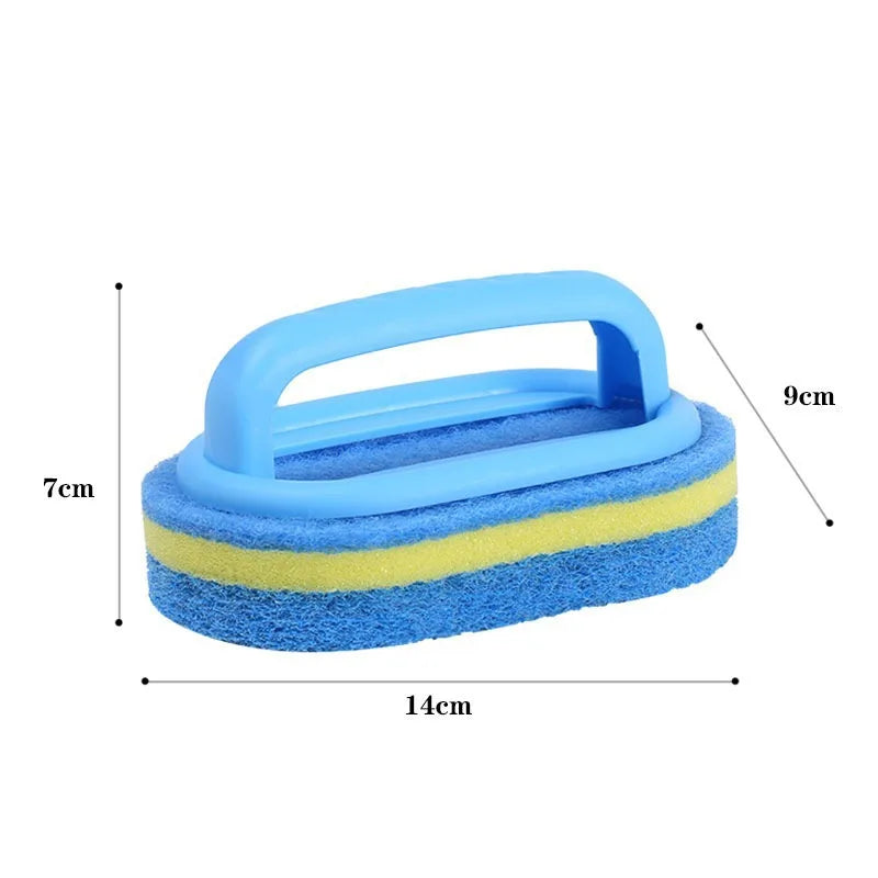 A blue and yellow multi-surface cleaning sponge with a handle, shown from above.
