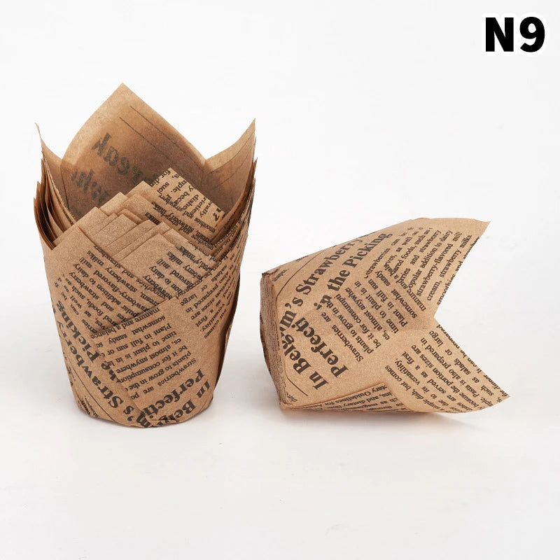 A stack of brown paper cupcake liners is shown against a white background.