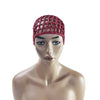 A model wearing a hand-crocheted mesh hair net cap in a deep red color.