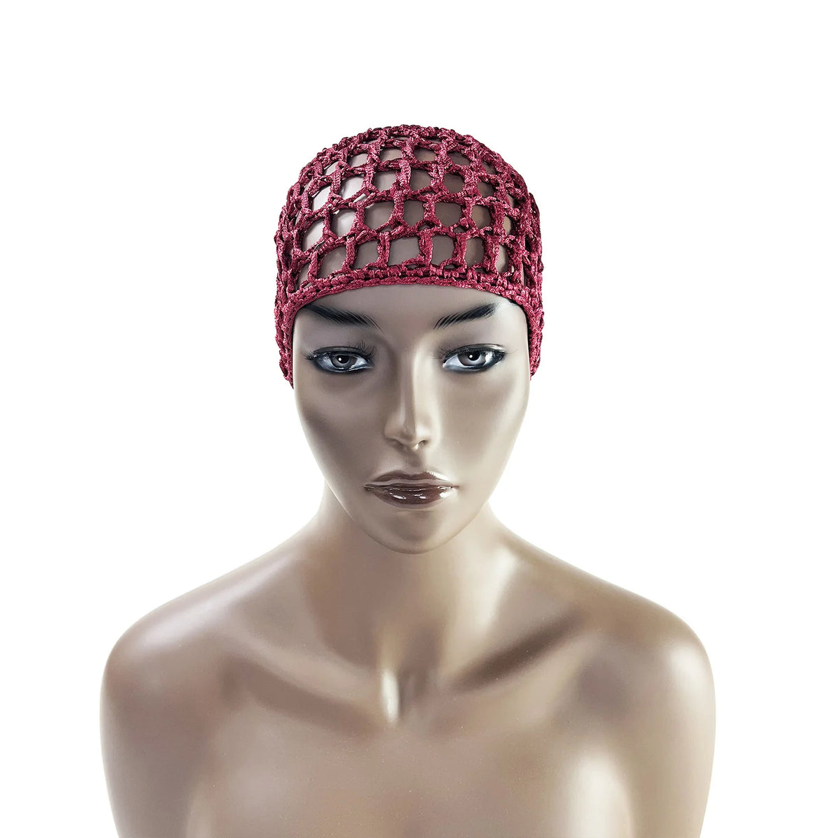 A model wearing a hand-crocheted mesh hair net cap in a deep red color.