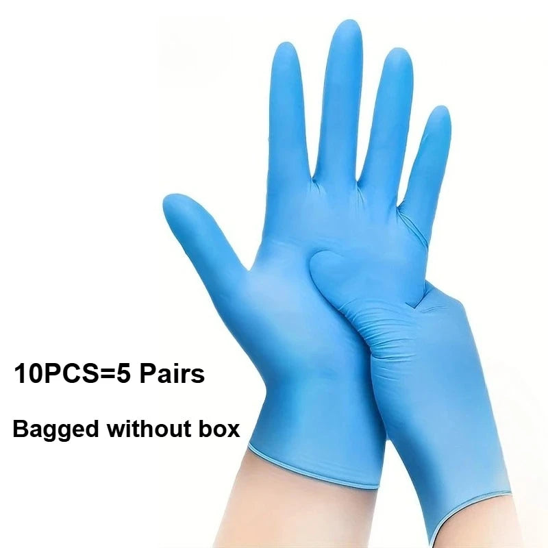 A pair of blue nitrile disposable safety gloves is shown on a hand, with text indicating 10 pieces equal to 5 pairs.