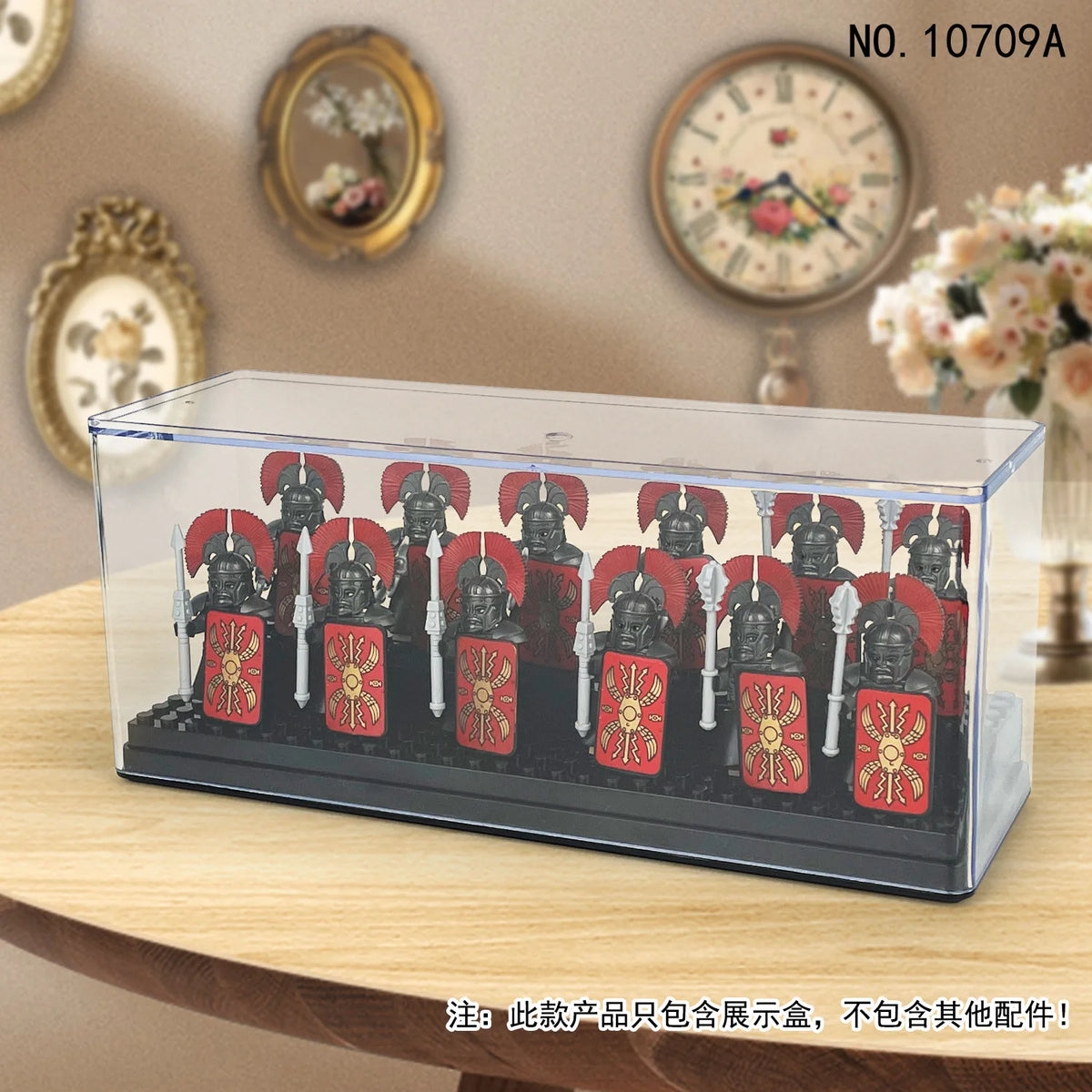 Clear dustproof display case containing a collection of red and black collectible figurines