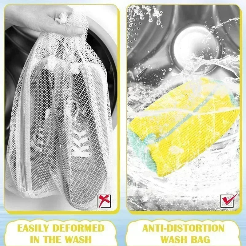 A white mesh laundry bag containing shoes being washed in a washing machine.
