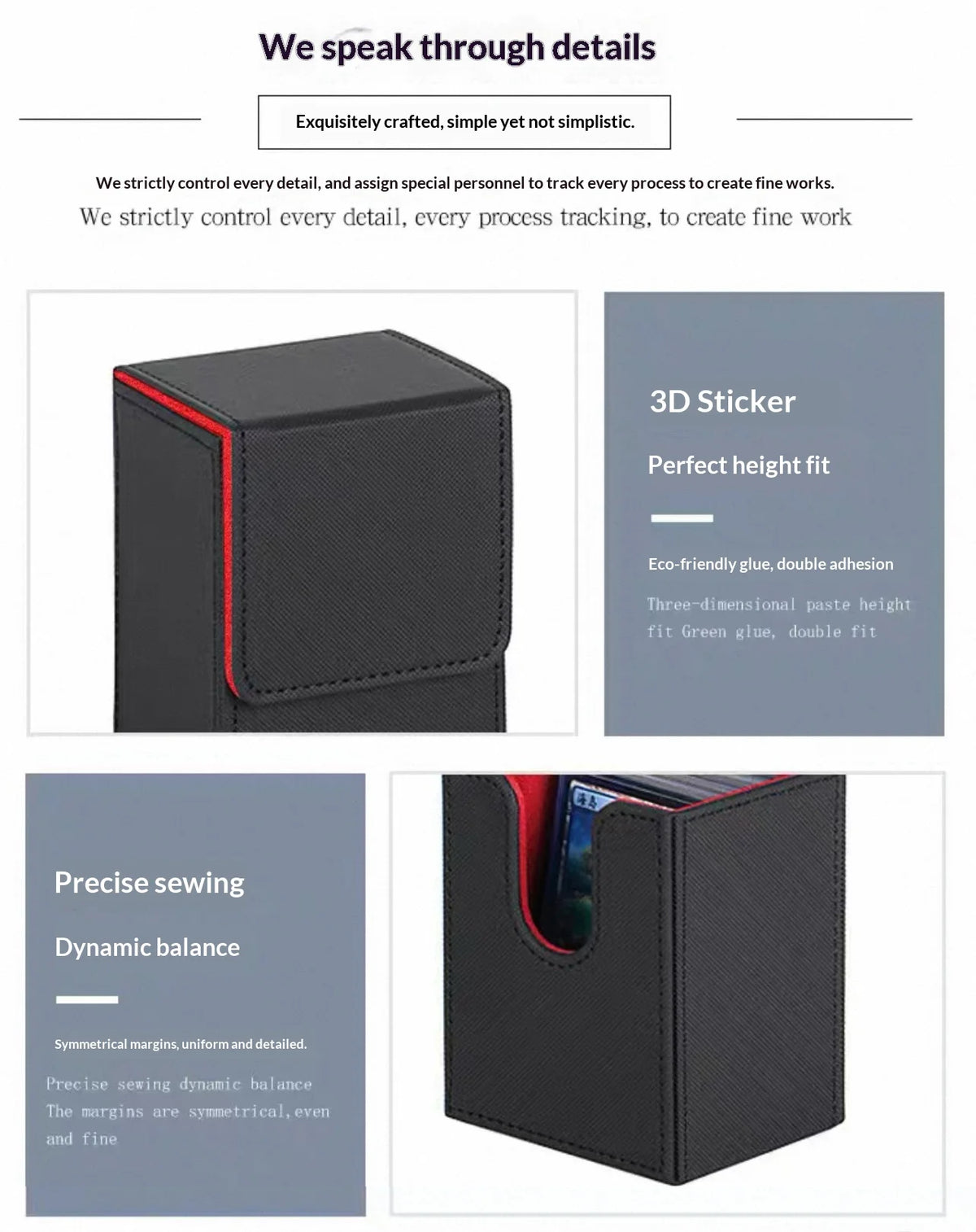 A black PU leather magnetic card deck box showing details like stitching and a 3D sticker.