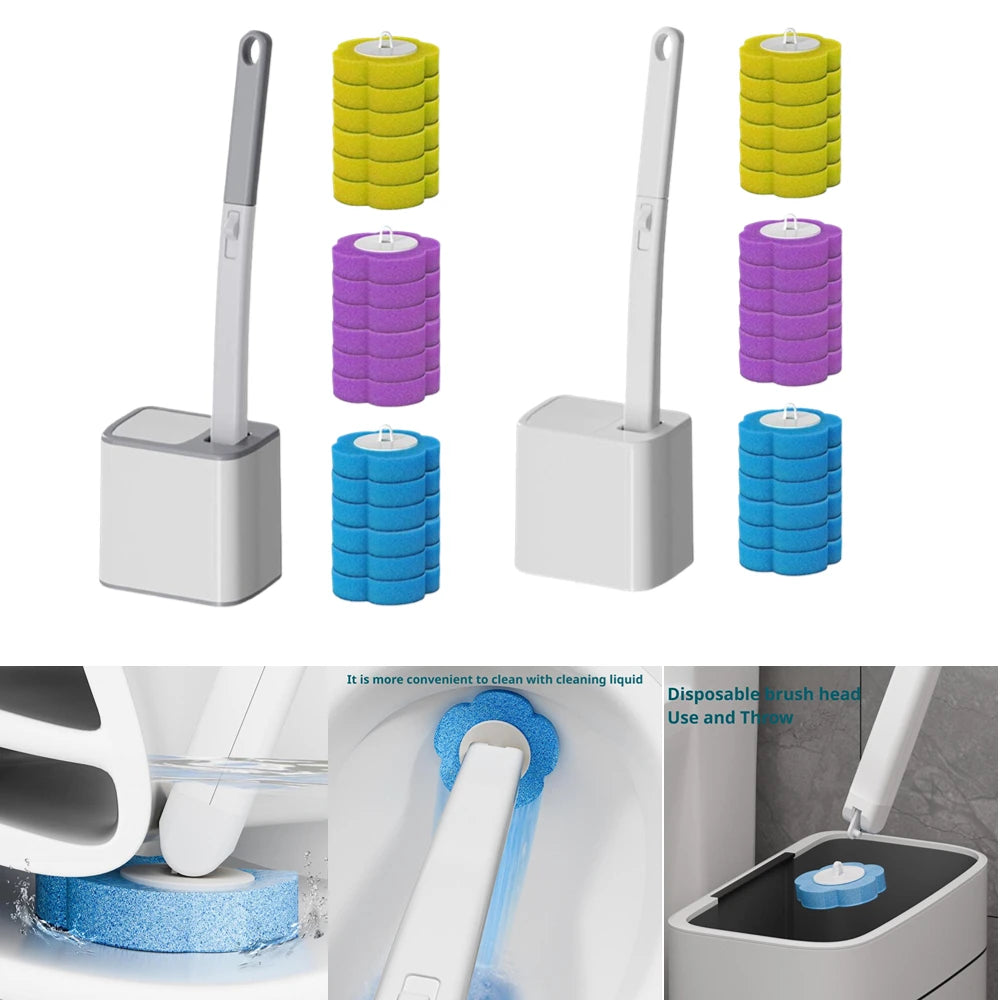 A set of long-handled disposable toilet brush cleaning tools in various colors including yellow, purple, and blue.