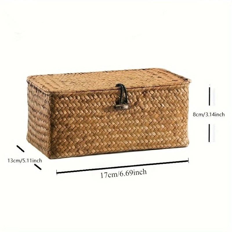 Handwoven rattan storage basket with a lid made of natural brown woven material.