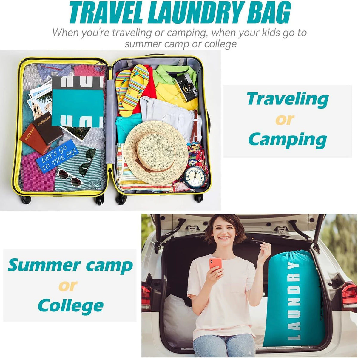 Una bolsa de ropa amarilla para viajes, abierta y llena de ropa y accesorios coloridos para campamentos o viajes universitari