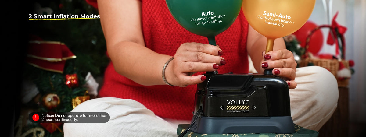 A person is using an electric balloon inflator pump, demonstrating two smart inflation modes.
