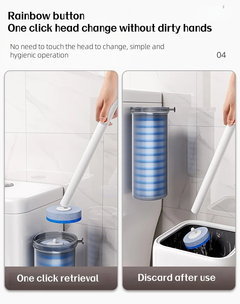 A hand uses a rainbow button to easily change the head of a disposable toilet brush for hygienic operation.