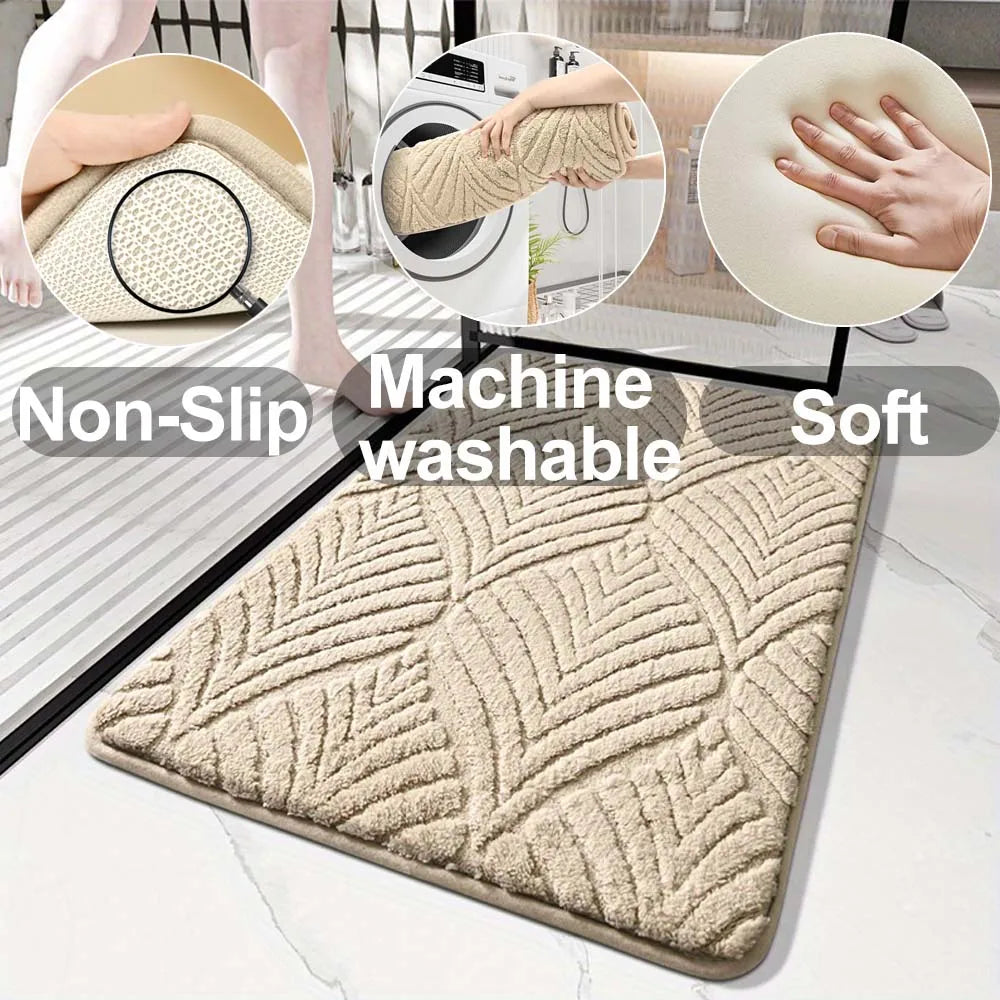 A beige plush non-slip bathroom rug is shown with close-ups highlighting its texture and washable features.