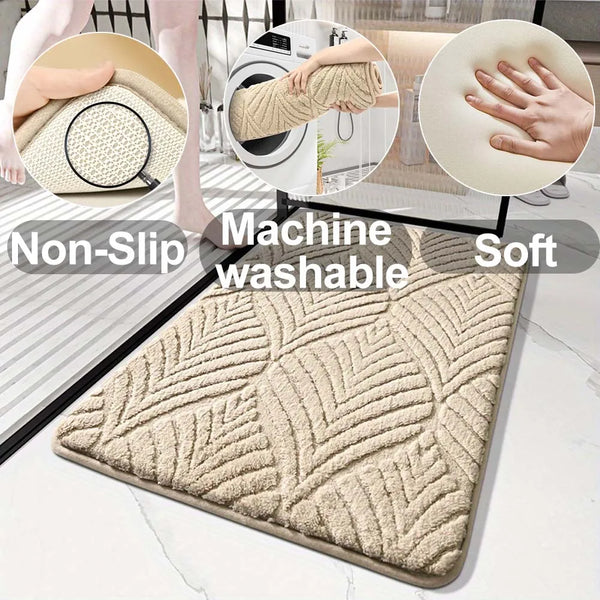 A beige plush non-slip bathroom rug is shown with close-ups highlighting its texture and washable features.