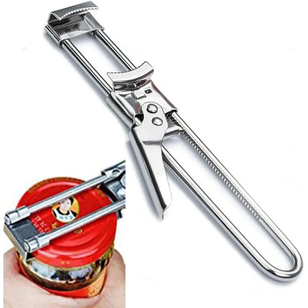 Stainless steel multi-function can opener tool shown next to a can.