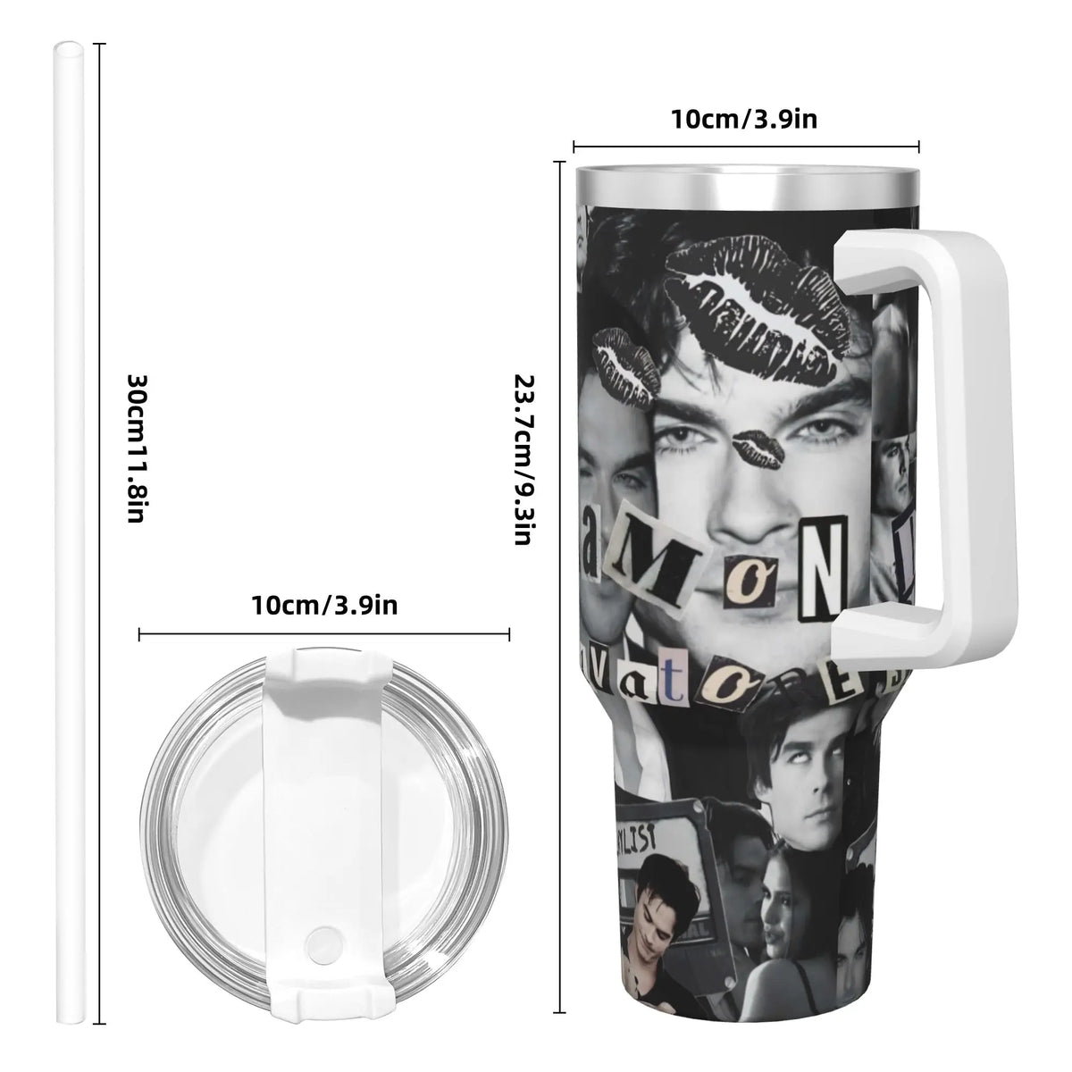 A silver stainless steel thermal tumbler with a white lid and straw, featuring a graphic design on the exterior.