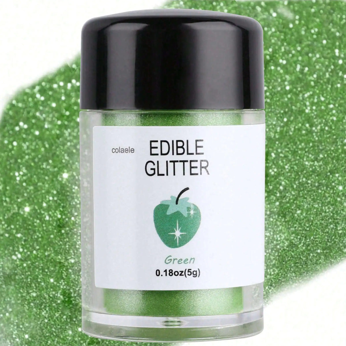 A glass jar of green edible glitter powder resting on a bright green, sparkly surface.