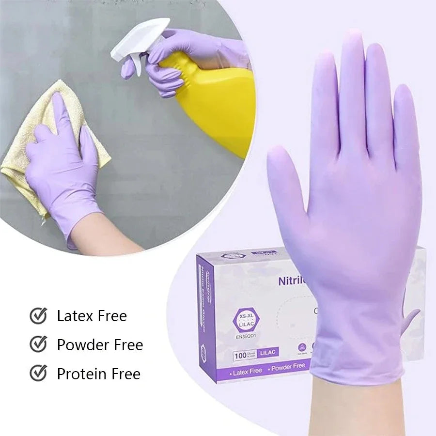 Purple disposable nitrile gloves being used to handle a yellow liquid, emphasizing latex and powder-free features.