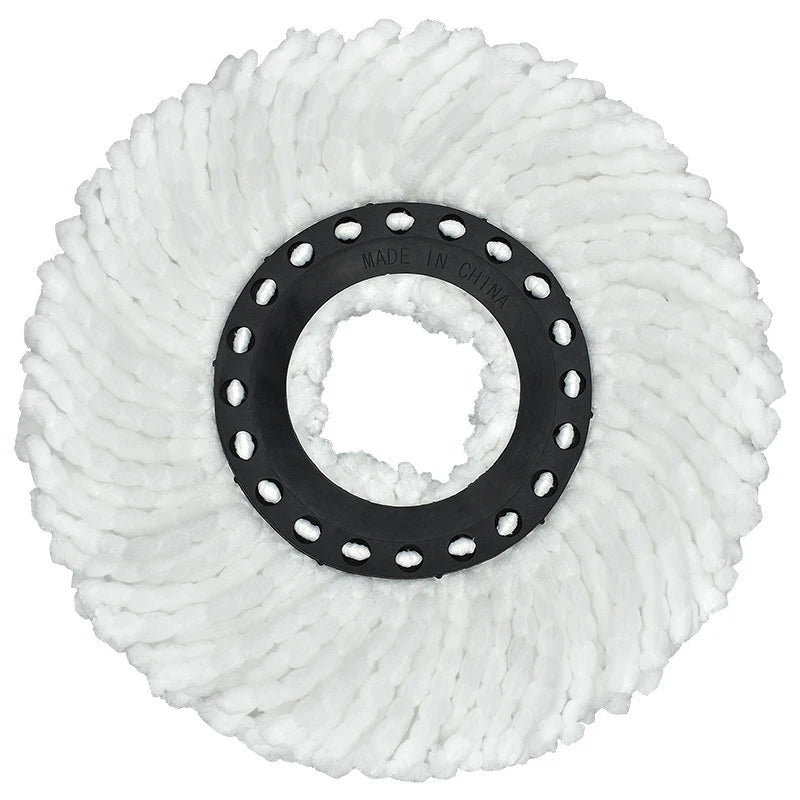 Cabezal de fregona de microfibra blanca con diseño giratorio y base circular negra.