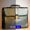 A black leather briefcase with a gold clasp, shown before and after cleaning.