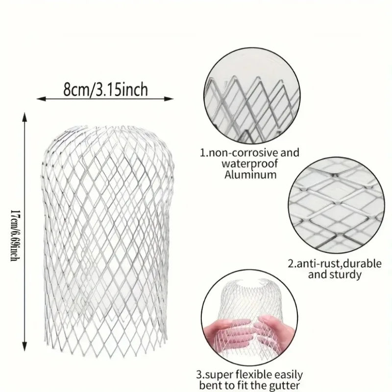 Silbermetall-Aluminium-Fallrohrblatt-Müllfilter, der seine korrosionsfreie, rostfeste Haltbarkeit zeigt.